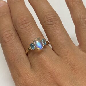 Moonstone & 2 Zircon Gemstones Yellow Gold Band