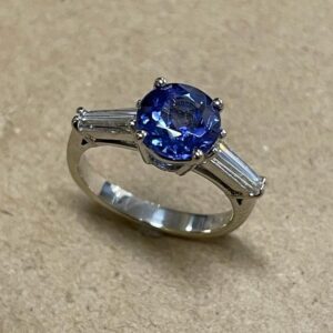 Sterling Silver Tanzanite Ring w/ 2 Tapered Baguette Diamonds