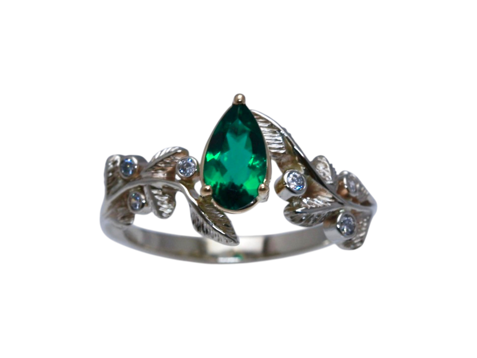 14KWY Emerald and Diamond Leaf Ring - Image 2